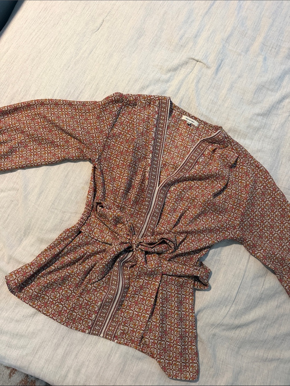 Max Studio Pink and Gold Floral-Geometric Tie Blouse